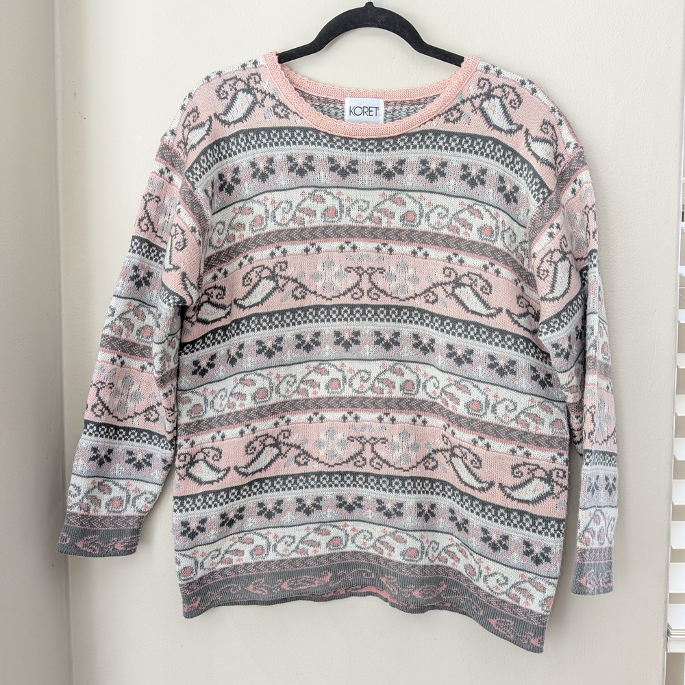 Koret Knit Sweater Fair Isle Pink Gray Women’s Medium Vintage Cottagecore